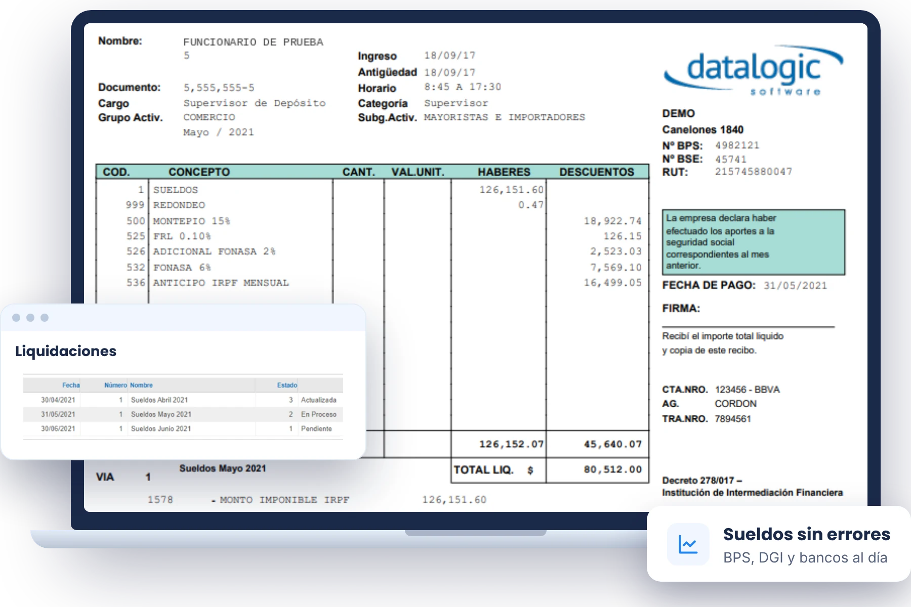 GIRH Nómina: recibo de sueldo con haberes y descuentos, y listado de liquidaciones con sus estados