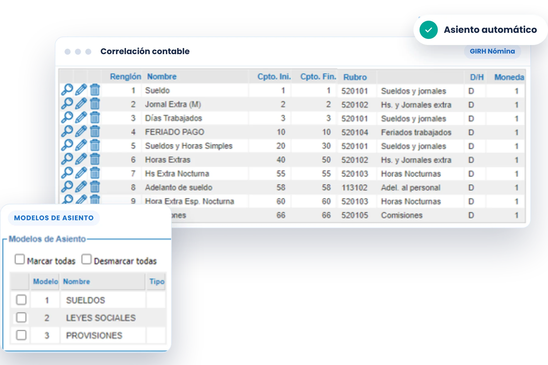 GIRH Nómina: correlación contable de los conceptos de sueldo