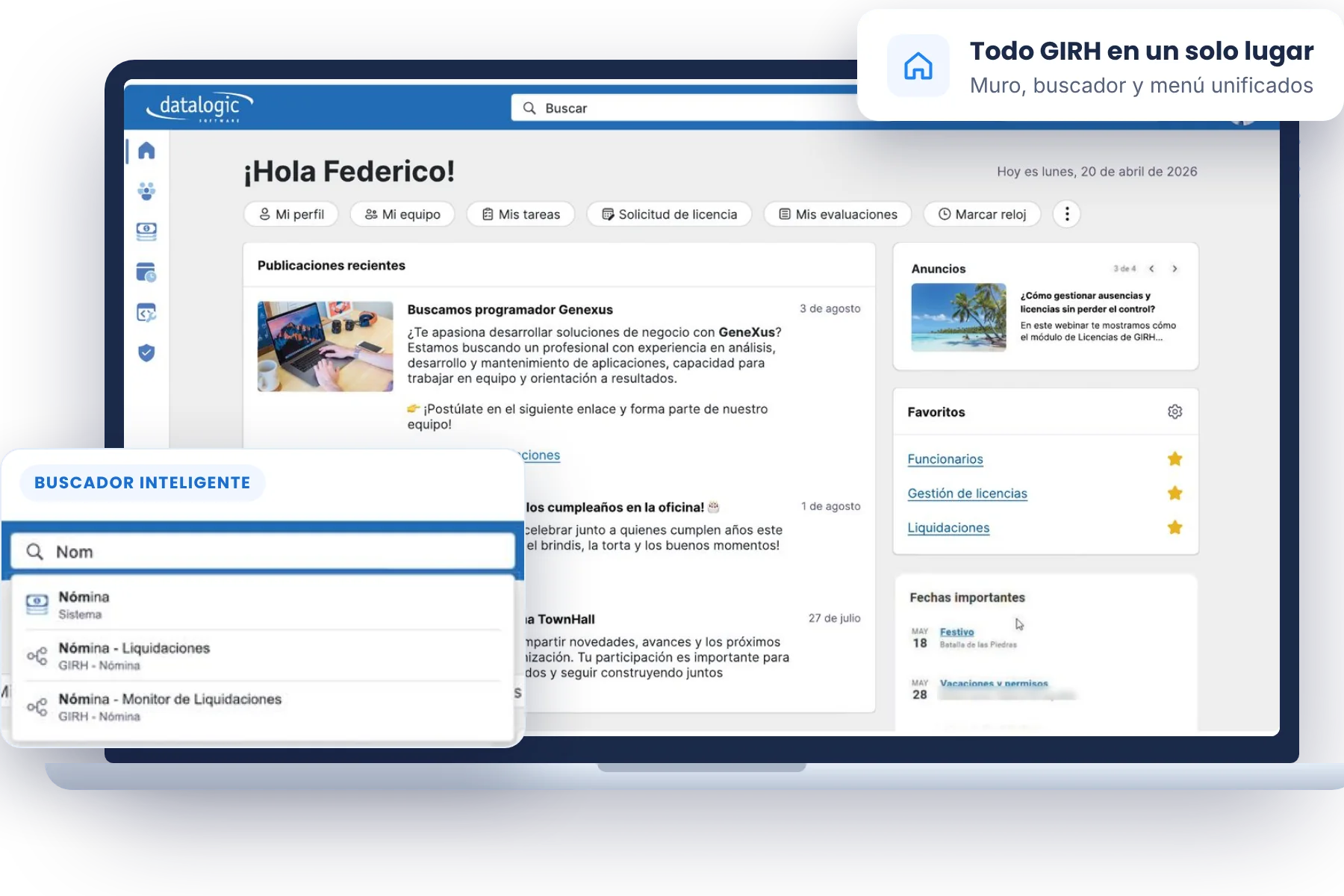 Portal GIRH: pantalla de inicio con el Muro y el buscador inteligente mostrando resultados de Nómina