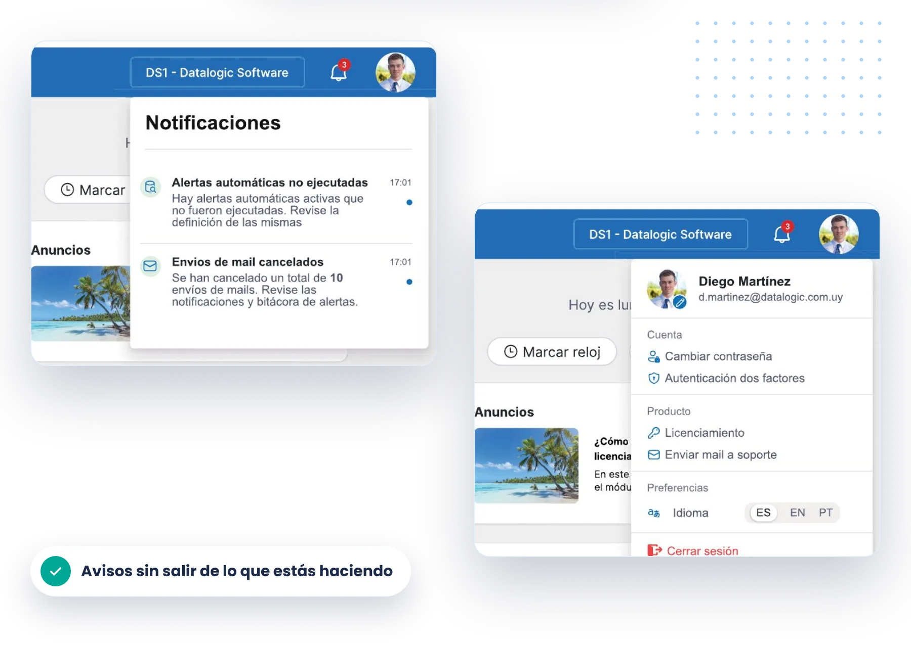 Portal GIRH: panel de notificaciones y menú de usuario con cuenta, producto y preferencias de idioma