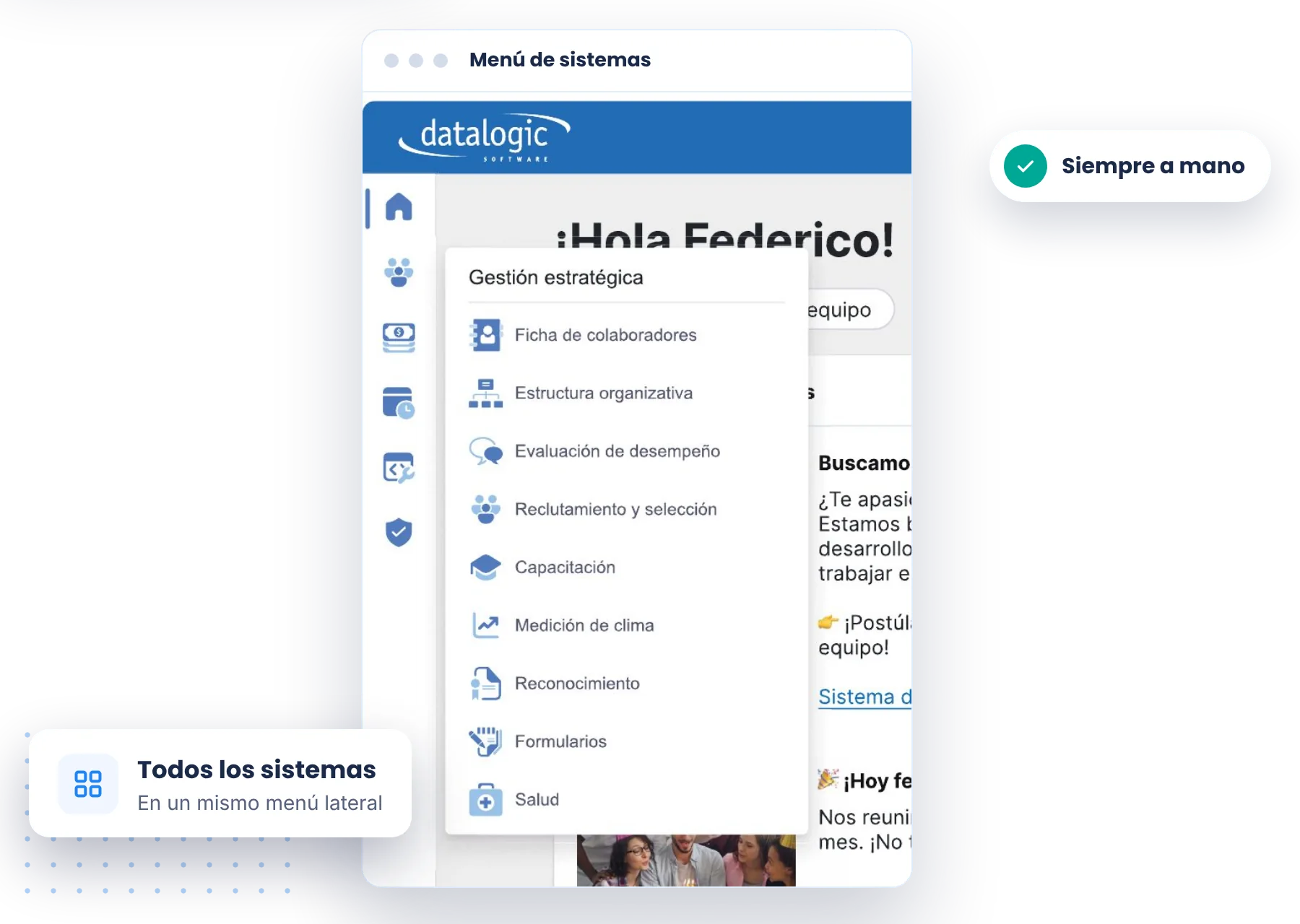 Portal GIRH: menú lateral abierto en Gestión estratégica con ficha de colaboradores, estructura organizativa, evaluación de desempeño y más