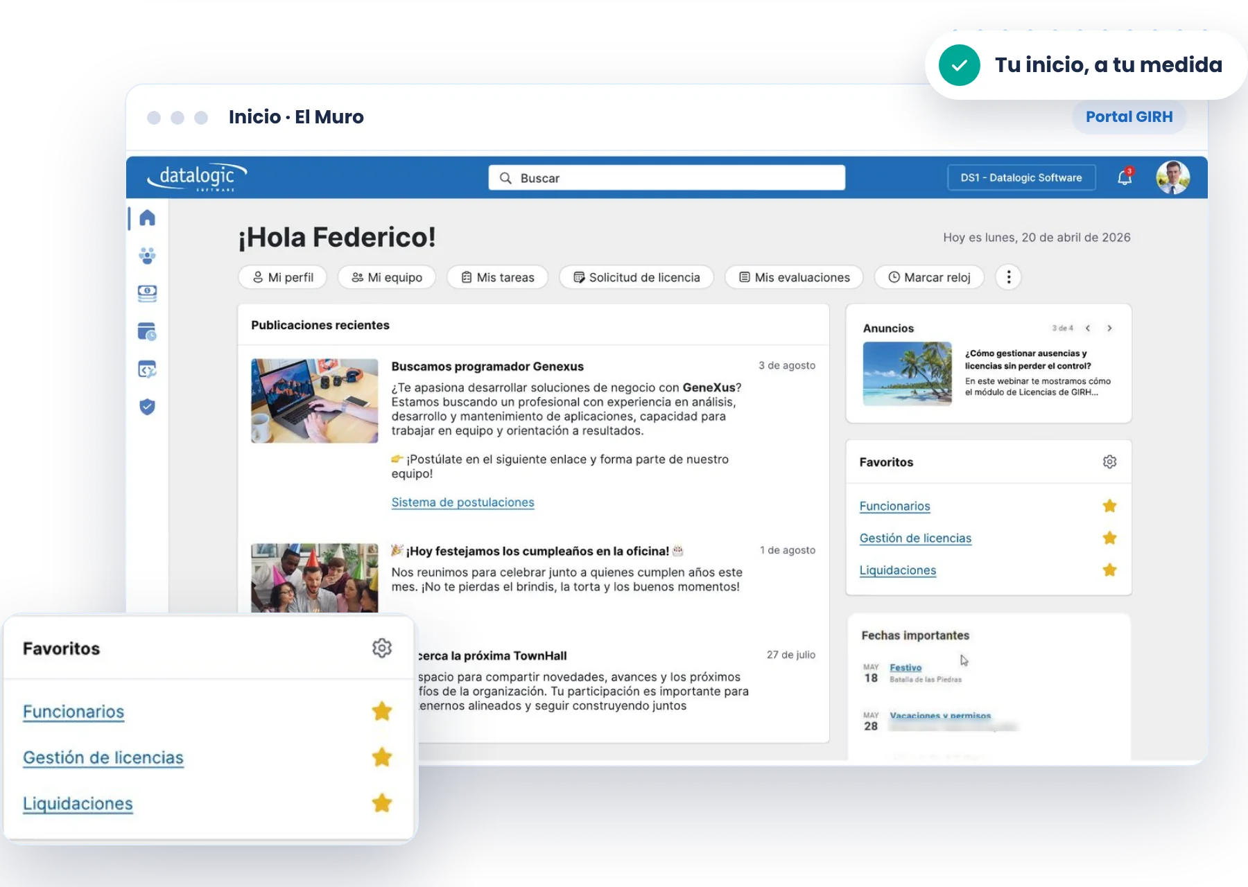 Portal GIRH: el Muro con accesos rápidos, publicaciones recientes, anuncios, favoritos y fechas importantes